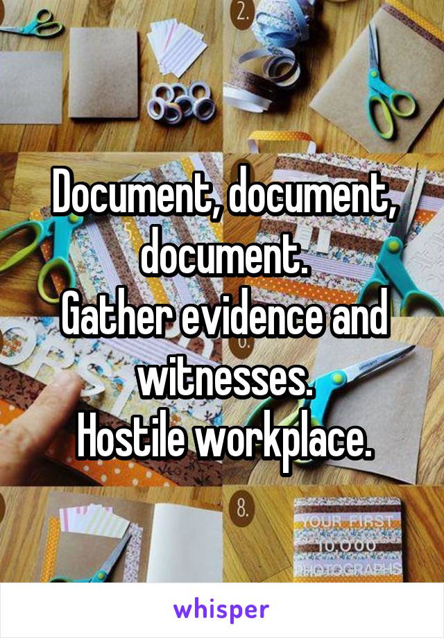 Document, document, document.
Gather evidence and witnesses.
Hostile workplace.