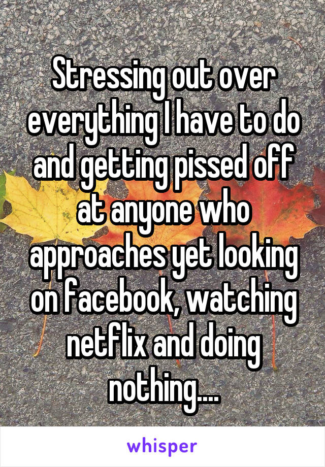 Stressing out over everything I have to do and getting pissed off at anyone who approaches yet looking on facebook, watching netflix and doing nothing....