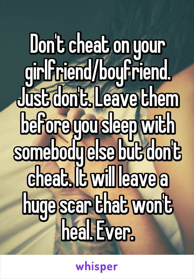 Don't cheat on your girlfriend/boyfriend. Just don't. Leave them before you sleep with somebody else but don't cheat. It will leave a huge scar that won't heal. Ever.