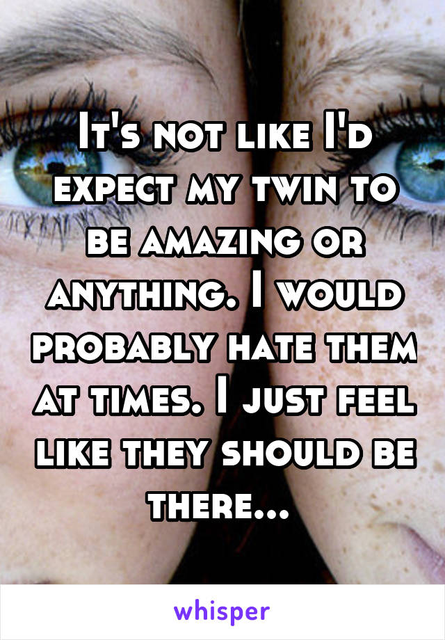 It's not like I'd expect my twin to be amazing or anything. I would probably hate them at times. I just feel like they should be there... 