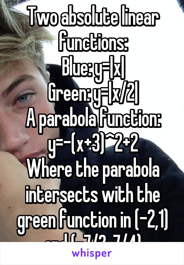 Two absolute linear functions:
Blue: y=|x|
Green: y=|x/2|
A parabola function:
y=-(x+3)^2+2
Where the parabola intersects with the green function in (-2,1) and (-7/2, 7/4)