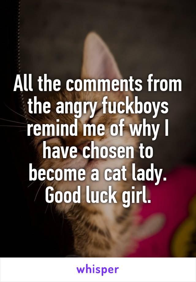 All the comments from the angry fuckboys remind me of why I have chosen to become a cat lady. Good luck girl.