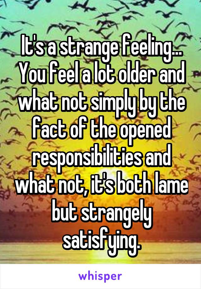 It's a strange feeling... You feel a lot older and what not simply by the fact of the opened responsibilities and what not, it's both lame but strangely satisfying.