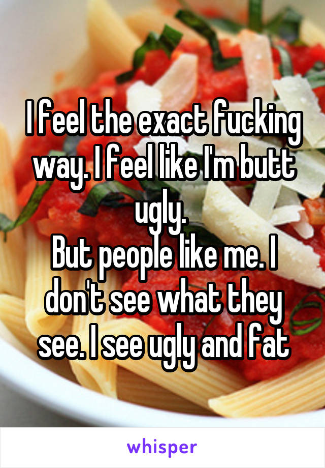 I feel the exact fucking way. I feel like I'm butt ugly. 
But people like me. I don't see what they see. I see ugly and fat