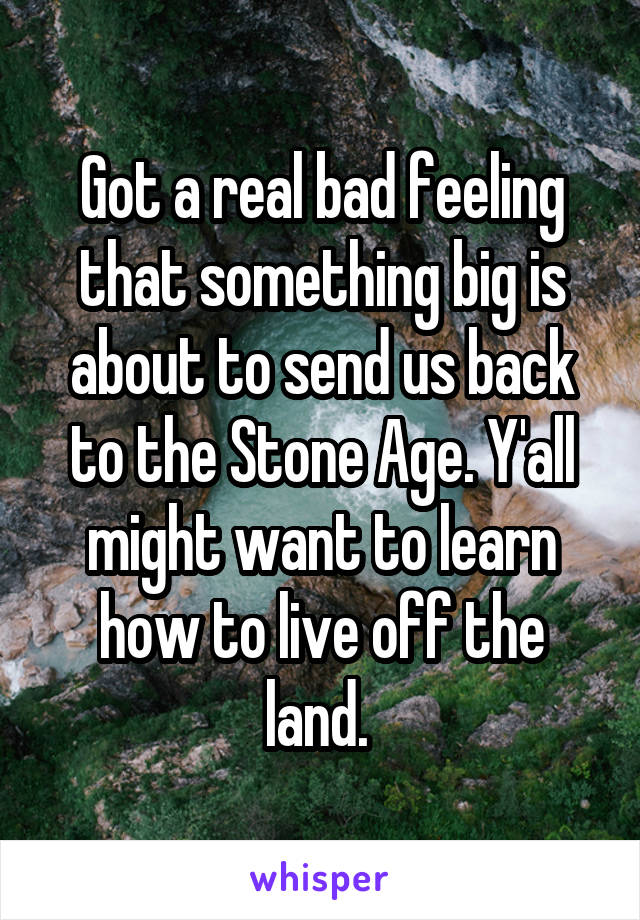 Got a real bad feeling that something big is about to send us back to the Stone Age. Y'all might want to learn how to live off the land. 