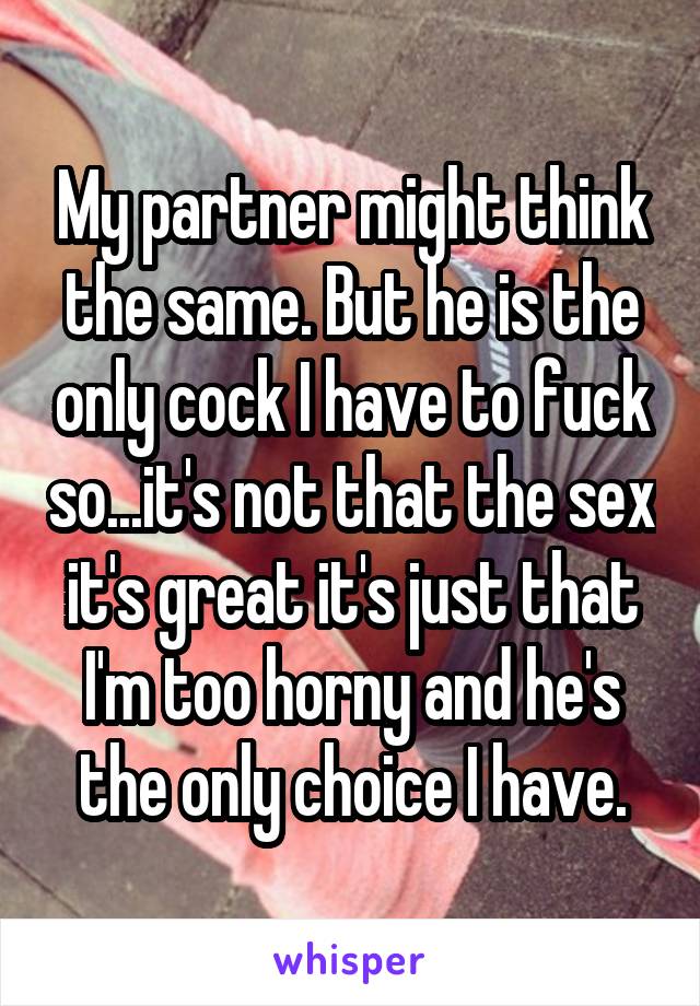 My partner might think the same. But he is the only cock I have to fuck so...it's not that the sex it's great it's just that I'm too horny and he's the only choice I have.