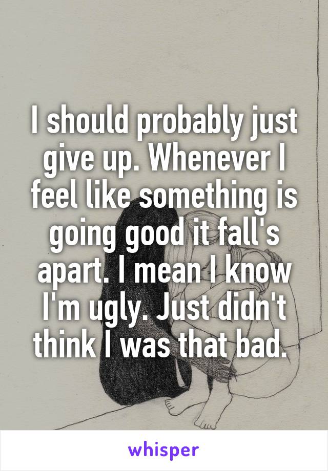 I should probably just give up. Whenever I feel like something is going good it fall's apart. I mean I know I'm ugly. Just didn't think I was that bad. 