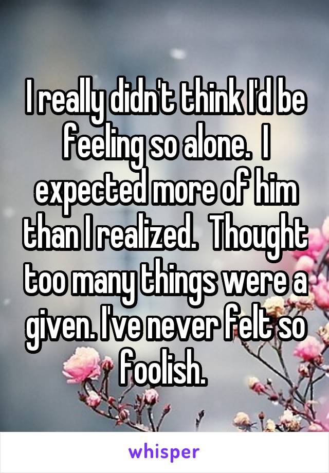 I really didn't think I'd be feeling so alone.  I expected more of him than I realized.  Thought too many things were a given. I've never felt so foolish. 