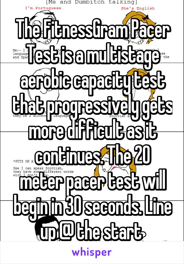 The FitnessGram Pacer Test is a multistage aerobic capacity test that progressively gets more difficult as it continues. The 20 meter pacer test will begin in 30 seconds. Line up @ the start 