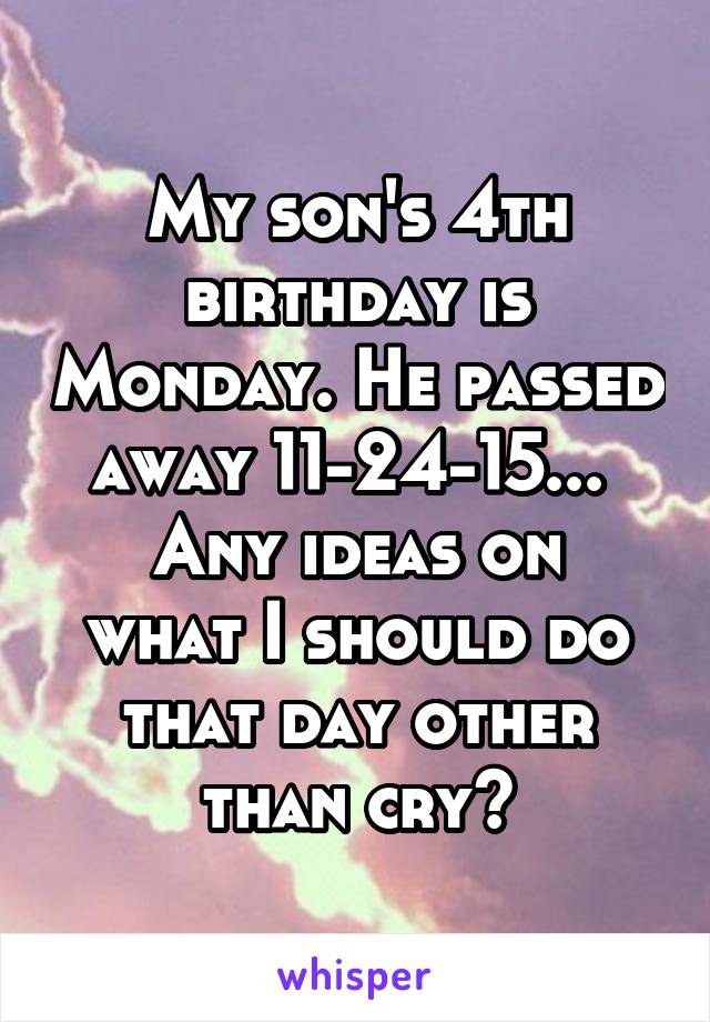 My son's 4th birthday is Monday. He passed away 11-24-15... 
Any ideas on what I should do that day other than cry?