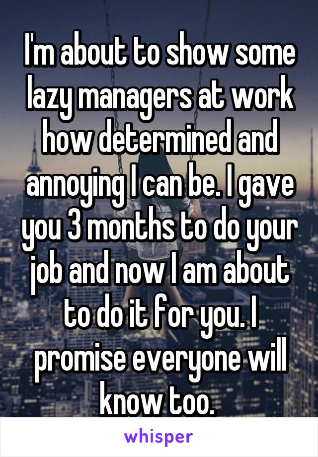I'm about to show some lazy managers at work how determined and annoying I can be. I gave you 3 months to do your job and now I am about to do it for you. I promise everyone will know too. 