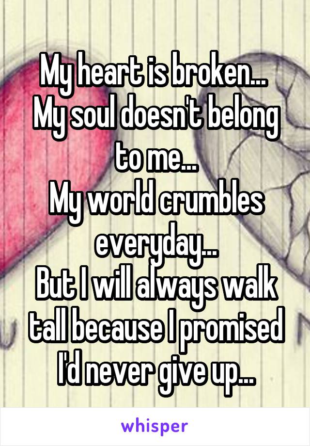 My heart is broken... 
My soul doesn't belong to me...
My world crumbles everyday...
But I will always walk tall because I promised I'd never give up...