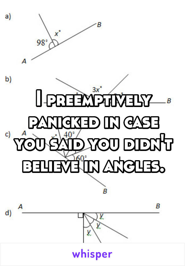 I preemptively panicked in case you said you didn't believe in angles.