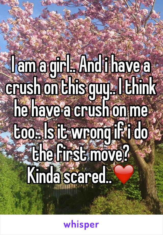 I am a girl.. And i have a crush on this guy.. I think he have a crush on me too.. Is it wrong if i do the first move?
Kinda scared..❤️