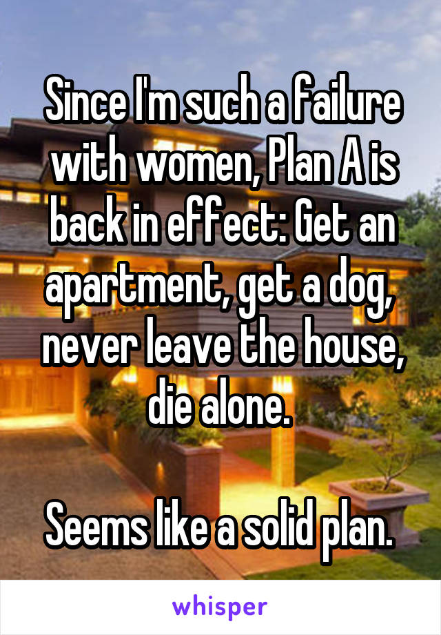 Since I'm such a failure with women, Plan A is back in effect: Get an apartment, get a dog,  never leave the house, die alone. 

Seems like a solid plan. 
