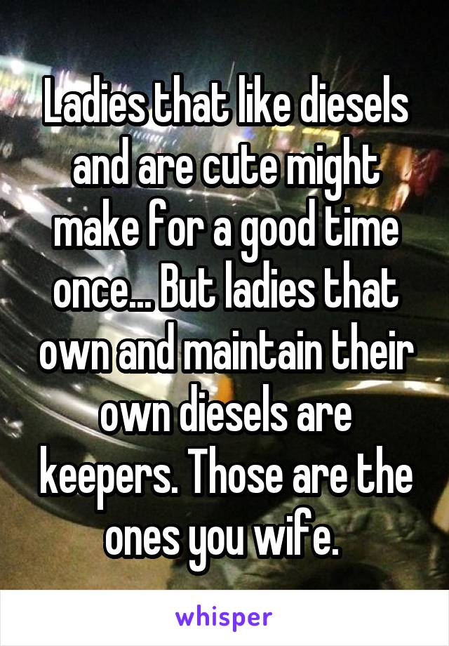 Ladies that like diesels and are cute might make for a good time once... But ladies that own and maintain their own diesels are keepers. Those are the ones you wife. 
