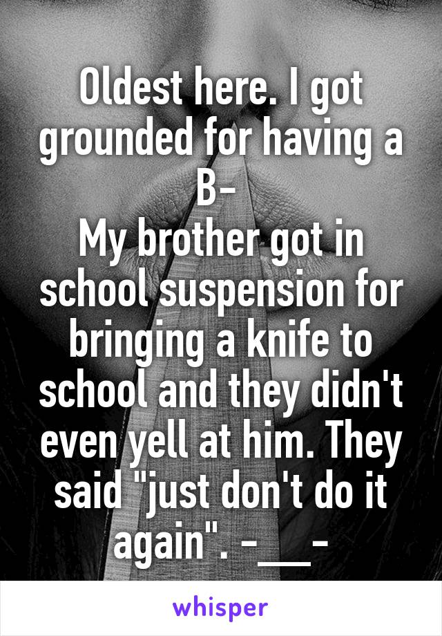 Oldest here. I got grounded for having a B- 
My brother got in school suspension for bringing a knife to school and they didn't even yell at him. They said "just don't do it again". -__-