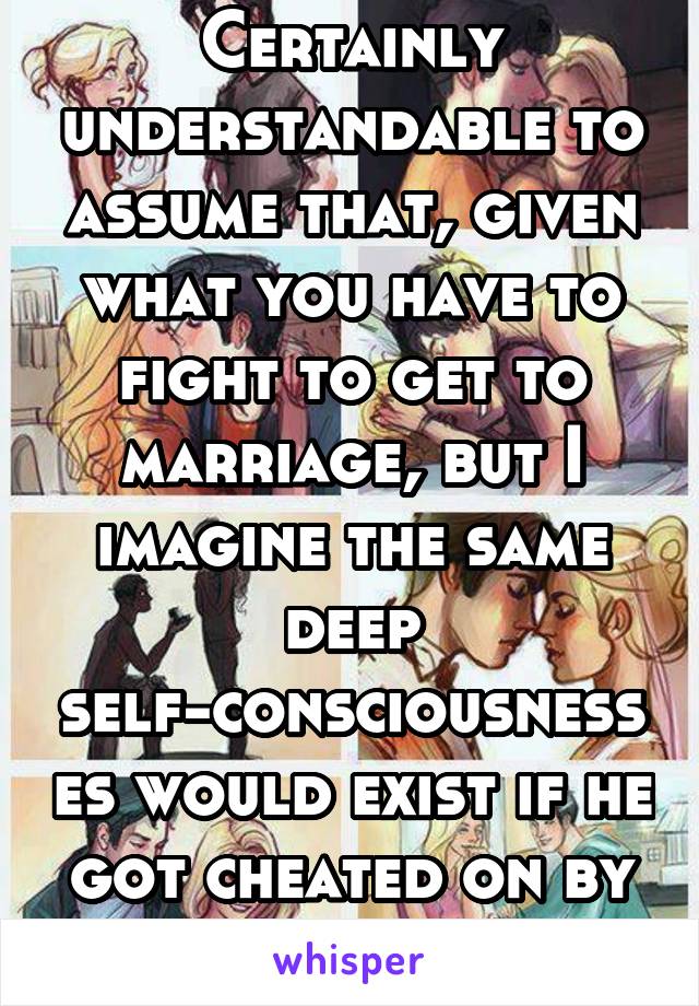 Certainly understandable to assume that, given what you have to fight to get to marriage, but I imagine the same deep self-consciousnesses would exist if he got cheated on by a different sex.