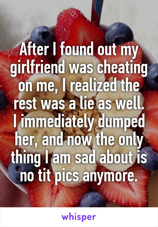 After I found out my girlfriend was cheating on me, I realized the rest was a lie as well. I immediately dumped her, and now the only thing I am sad about is no tit pics anymore.