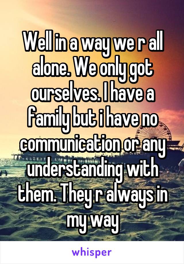 Well in a way we r all alone. We only got ourselves. I have a family but i have no communication or any understanding with them. They r always in my way