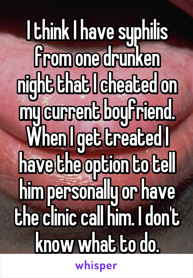 I think I have syphilis from one drunken
night that I cheated on my current boyfriend. When I get treated I have the option to tell him personally or have the clinic call him. I don't know what to do.