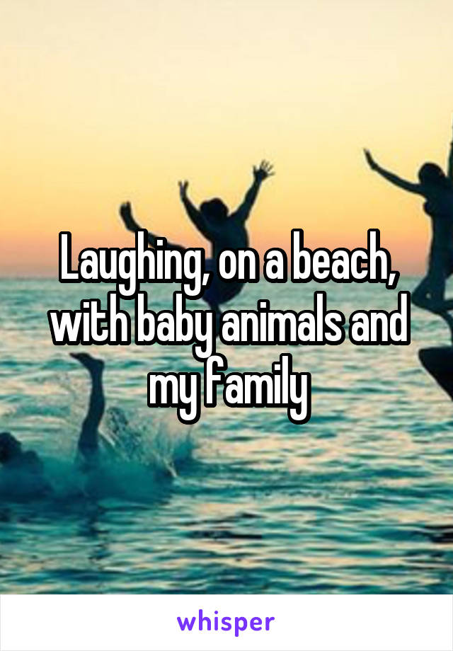 Laughing, on a beach, with baby animals and my family