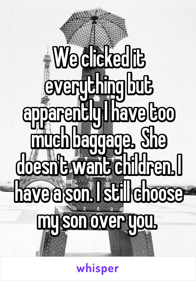 We clicked it everything but apparently I have too much baggage.  She doesn't want children. I have a son. I still choose my son over you. 