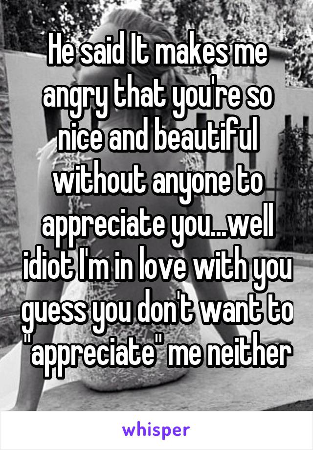 He said It makes me angry that you're so nice and beautiful without anyone to appreciate you...well idiot I'm in love with you guess you don't want to "appreciate" me neither 