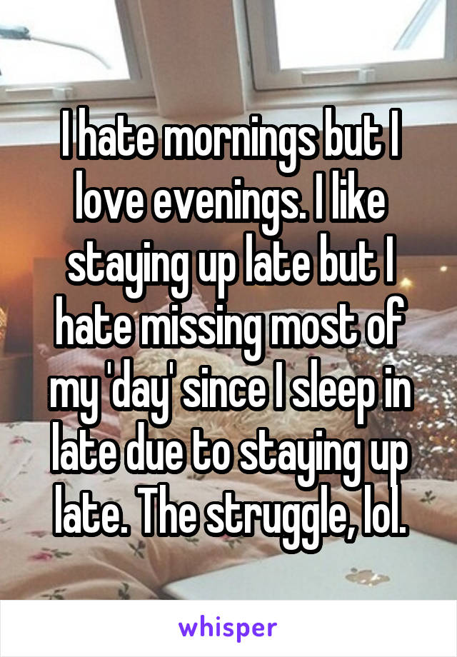 I hate mornings but I love evenings. I like staying up late but I hate missing most of my 'day' since I sleep in late due to staying up late. The struggle, lol.