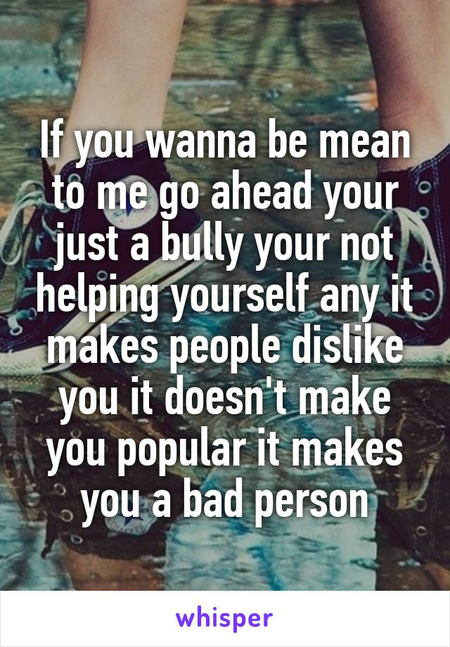 If you wanna be mean to me go ahead your just a bully your not helping yourself any it makes people dislike you it doesn't make you popular it makes you a bad person