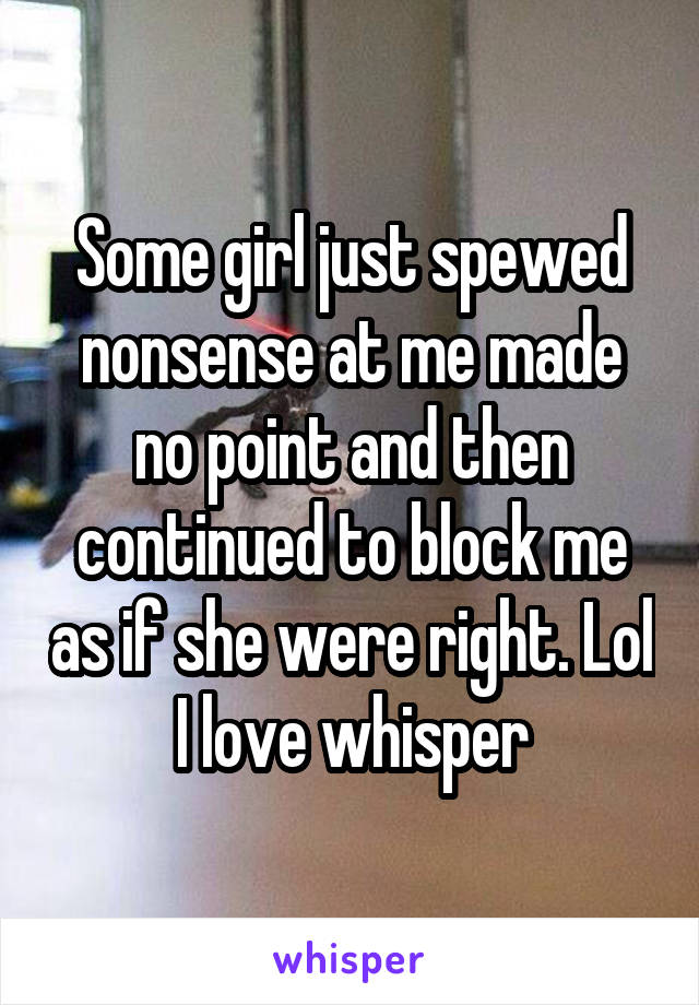 Some girl just spewed nonsense at me made no point and then continued to block me as if she were right. Lol I love whisper