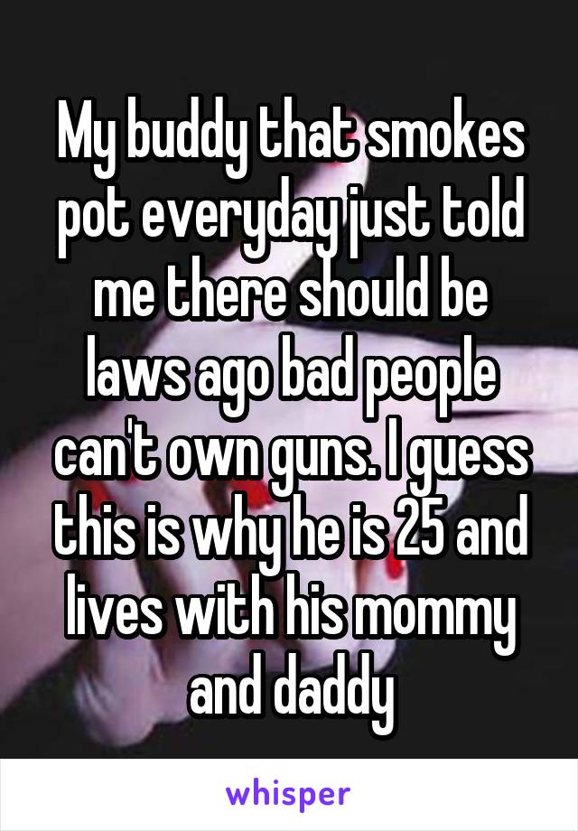 My buddy that smokes pot everyday just told me there should be laws ago bad people can't own guns. I guess this is why he is 25 and lives with his mommy and daddy