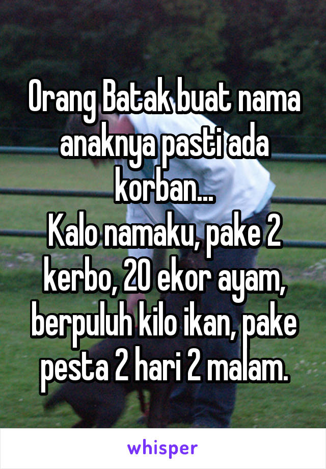 Orang Batak buat nama anaknya pasti ada korban...
Kalo namaku, pake 2 kerbo, 20 ekor ayam, berpuluh kilo ikan, pake pesta 2 hari 2 malam.