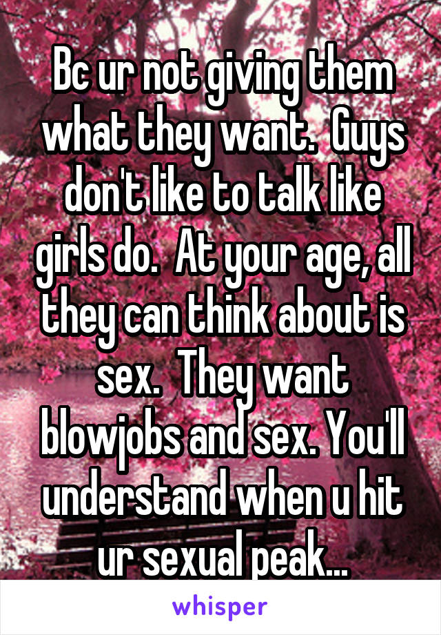 Bc ur not giving them what they want.  Guys don't like to talk like girls do.  At your age, all they can think about is sex.  They want blowjobs and sex. You'll understand when u hit ur sexual peak...