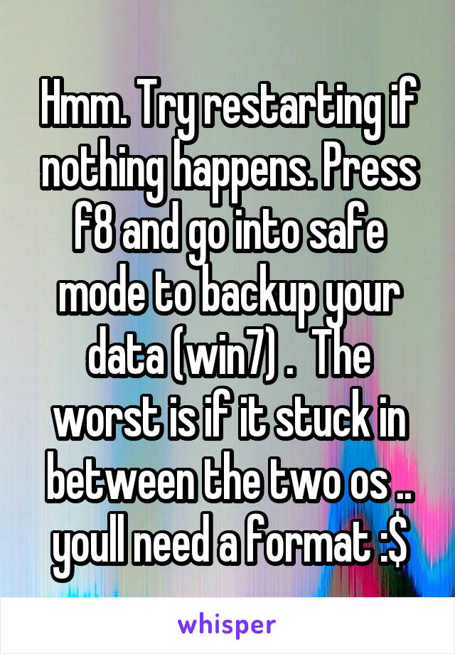 Hmm. Try restarting if nothing happens. Press f8 and go into safe mode to backup your data (win7) .  The worst is if it stuck in between the two os .. youll need a format :$