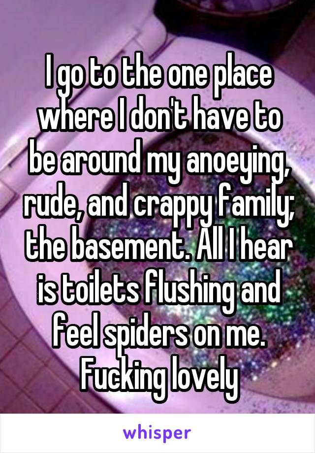 I go to the one place where I don't have to be around my anoeying, rude, and crappy family; the basement. All I hear is toilets flushing and feel spiders on me. Fucking lovely