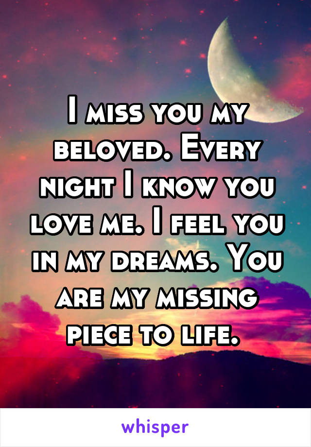 I miss you my beloved. Every night I know you love me. I feel you in my dreams. You are my missing piece to life. 