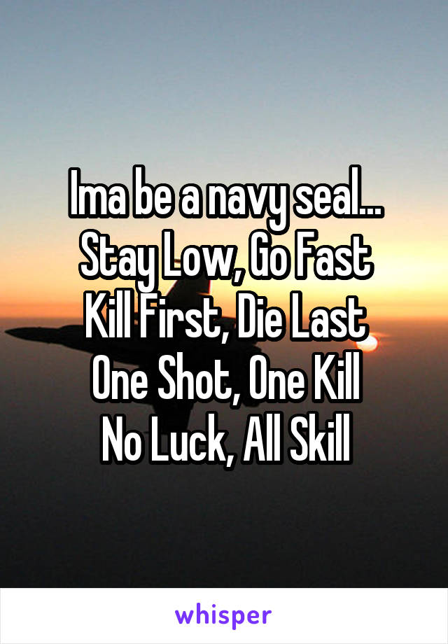 Ima be a navy seal...
Stay Low, Go Fast
Kill First, Die Last
One Shot, One Kill
No Luck, All Skill