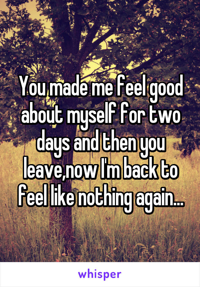 You made me feel good about myself for two days and then you leave,now I'm back to feel like nothing again...