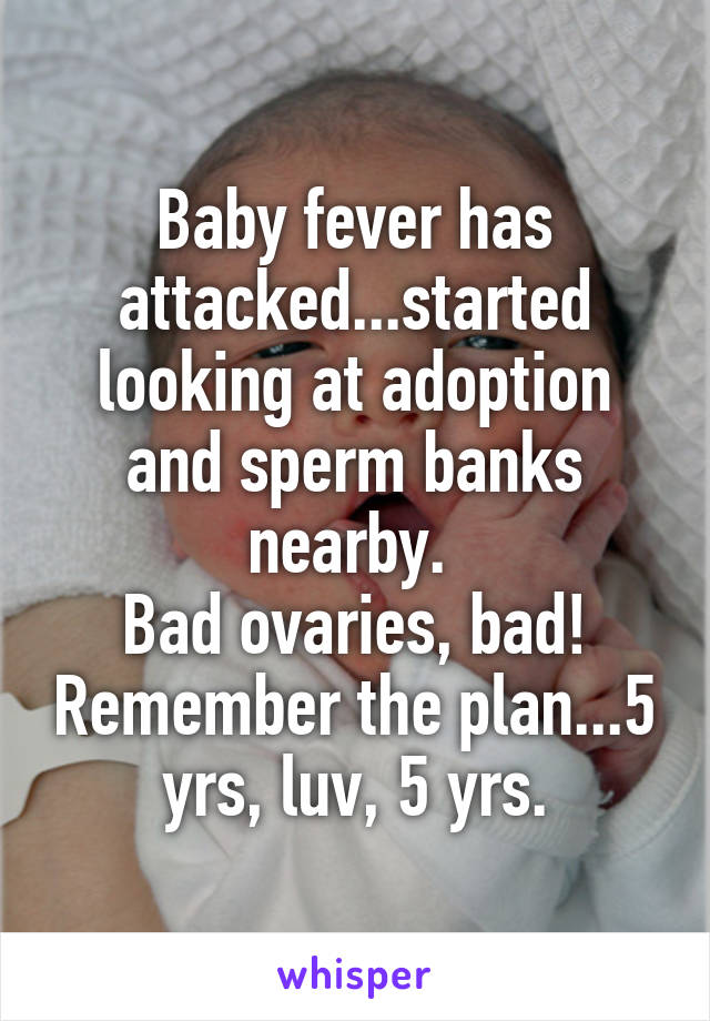 Baby fever has attacked...started looking at adoption and sperm banks nearby. 
Bad ovaries, bad! Remember the plan...5 yrs, luv, 5 yrs.