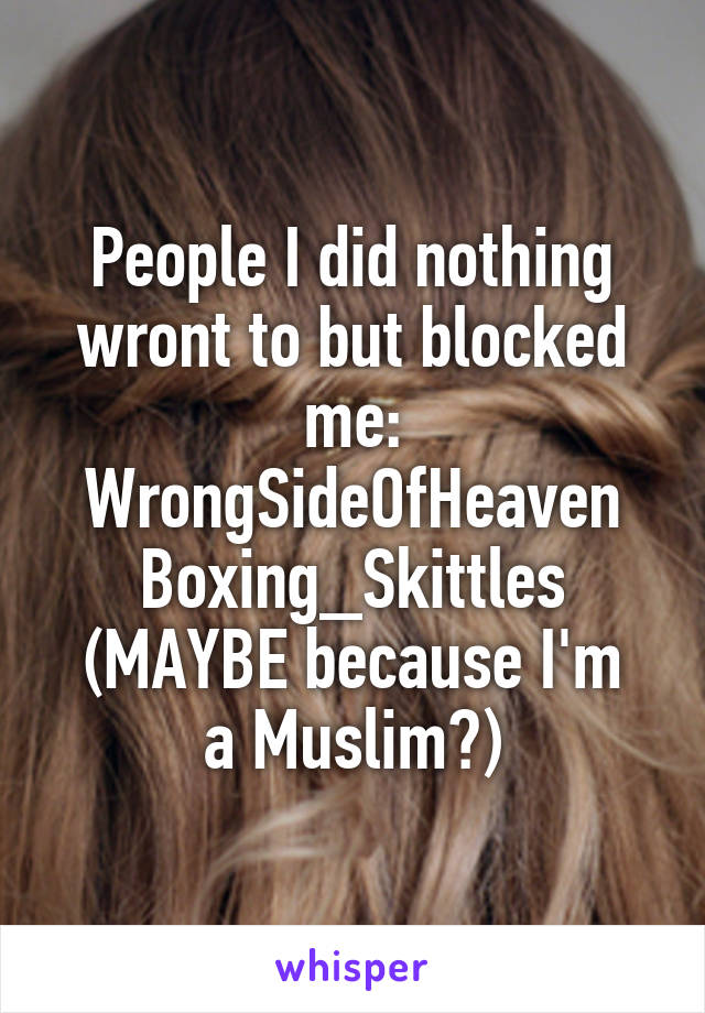 People I did nothing wront to but blocked me:
WrongSideOfHeaven
Boxing_Skittles
(MAYBE because I'm a Muslim?)