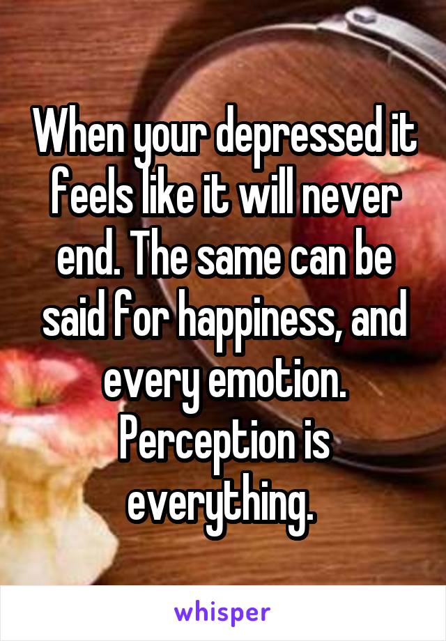 When your depressed it feels like it will never end. The same can be said for happiness, and every emotion. Perception is everything. 