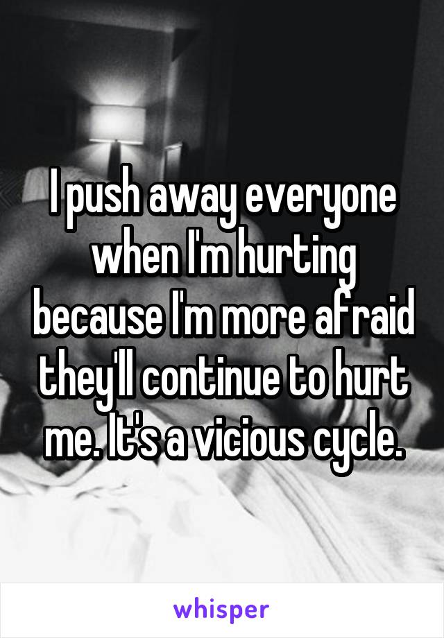 I push away everyone when I'm hurting because I'm more afraid they'll continue to hurt me. It's a vicious cycle.