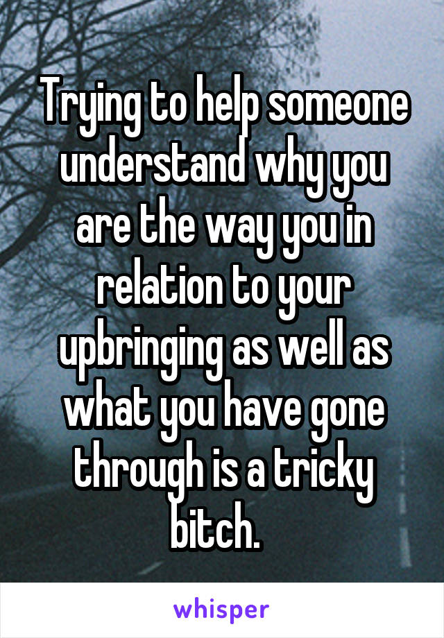 Trying to help someone understand why you are the way you in relation to your upbringing as well as what you have gone through is a tricky bitch.  