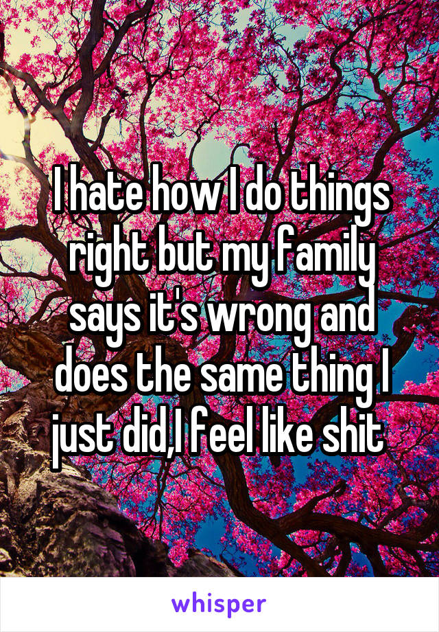 I hate how I do things right but my family says it's wrong and does the same thing I just did,I feel like shit 