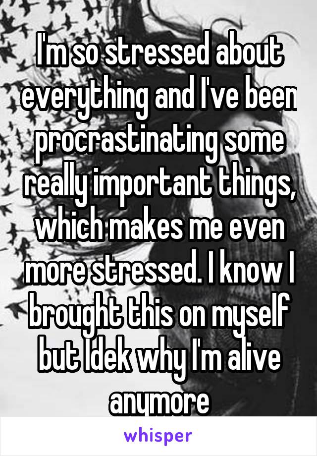 I'm so stressed about everything and I've been procrastinating some really important things, which makes me even more stressed. I know I brought this on myself but Idek why I'm alive anymore