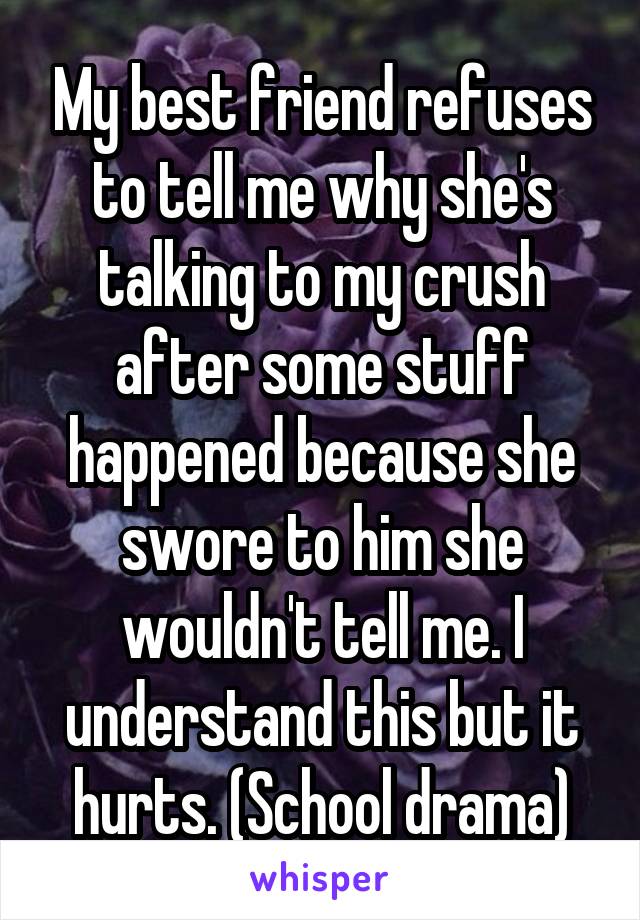 My best friend refuses to tell me why she's talking to my crush after some stuff happened because she swore to him she wouldn't tell me. I understand this but it hurts. (School drama)