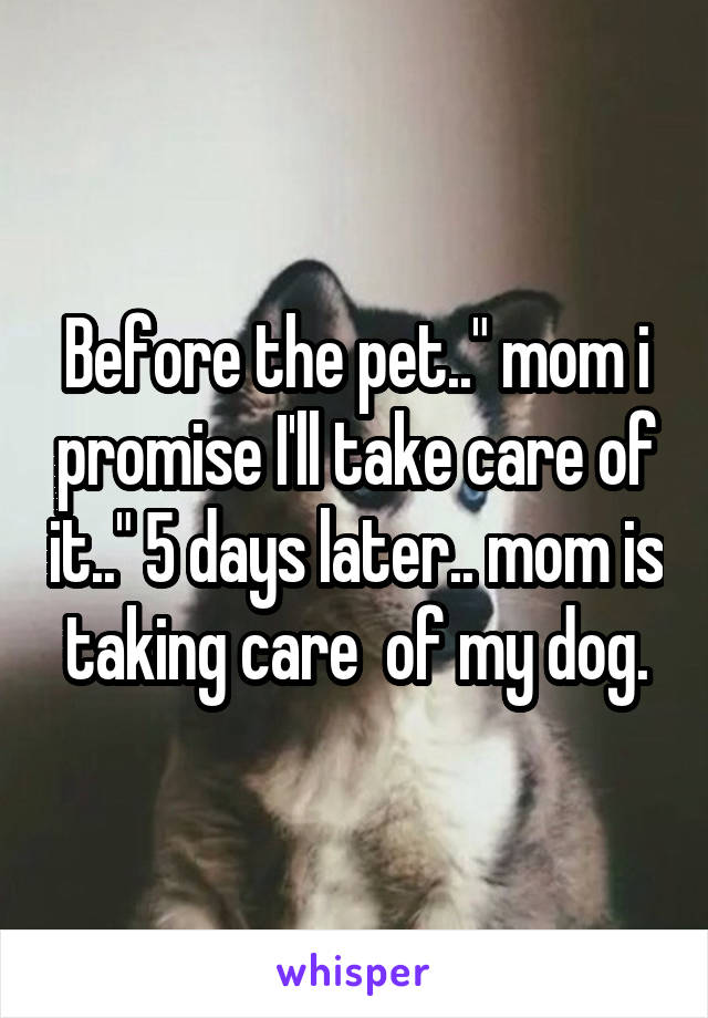 Before the pet.." mom i promise I'll take care of it.." 5 days later.. mom is taking care  of my dog.