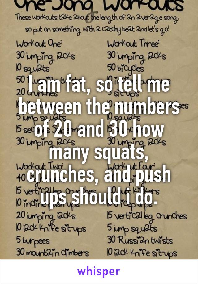 I am fat, so tell me between the numbers of 20 and 30 how many squats, crunches, and push ups should i do.