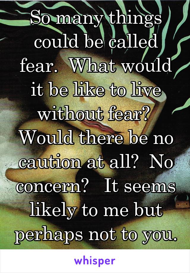 So many things could be called fear.  What would it be like to live without fear?  Would there be no caution at all?  No concern?   It seems likely to me but perhaps not to you. 